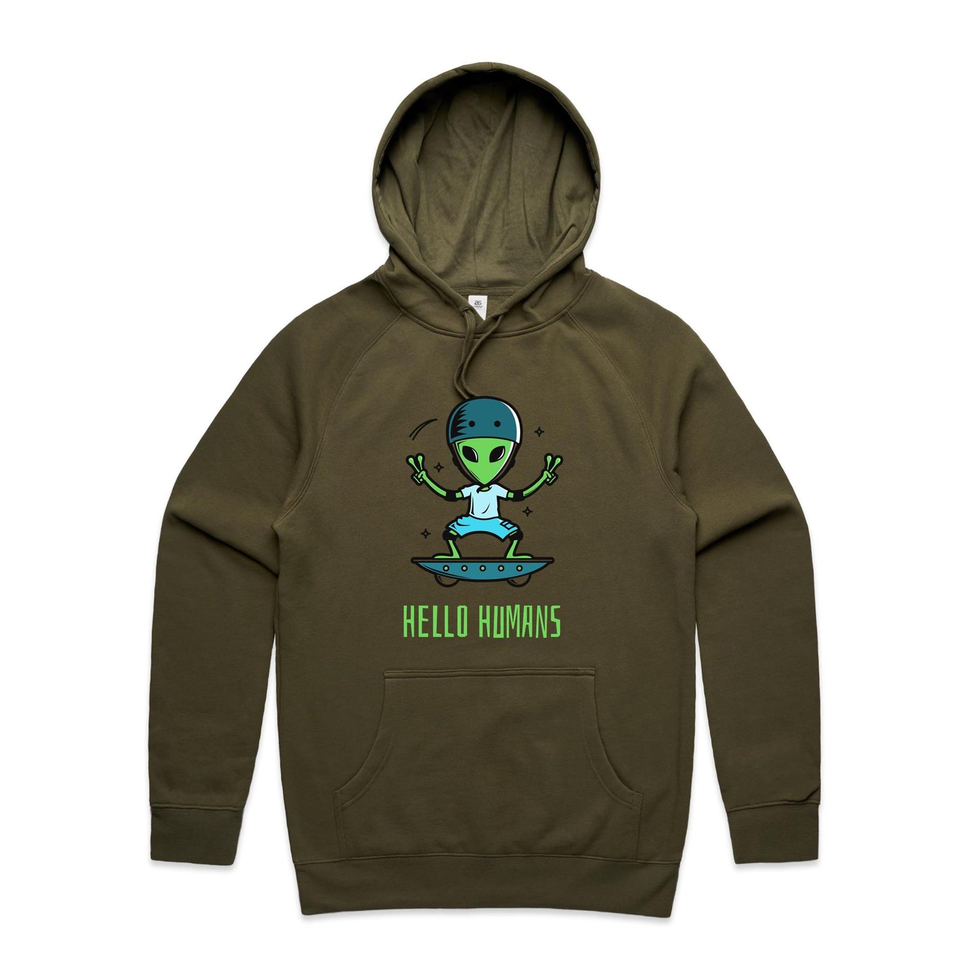Alien Skateboard, Hello Humans - Supply Hood Army Mens Supply Hoodie Sci Fi