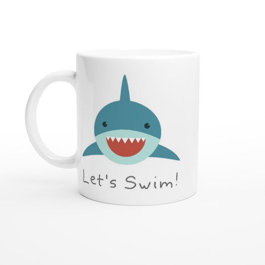 Let's Swim - White 11oz Ceramic Mug White 11oz Mug cartoon childrens cup kids ocean scary shark swimming teeth water