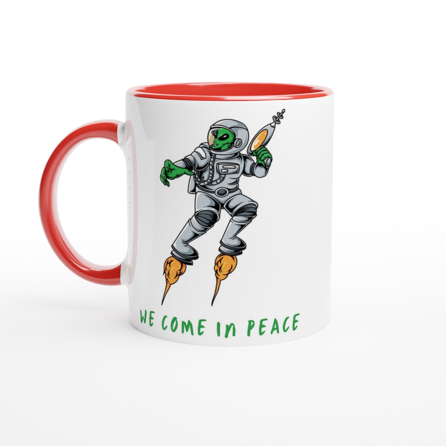 Alien, We Come In Peace - White 11oz Ceramic Mug with Colour Inside Ceramic Red Colour 11oz Mug funny Sci Fi