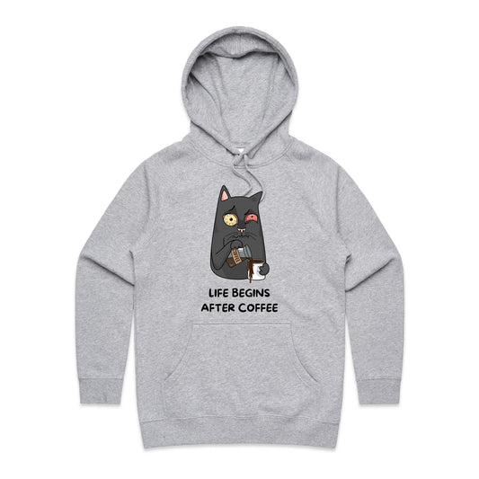 Cat, Life Begins After Coffee - Women's Supply Hood Grey Marle Womens Supply Hoodie animal Coffee