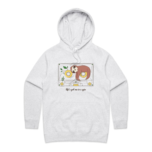 Cassette, Sloth, Life's Got Me In A Spin - Women's Supply Hood White Marle Womens Supply Hoodie