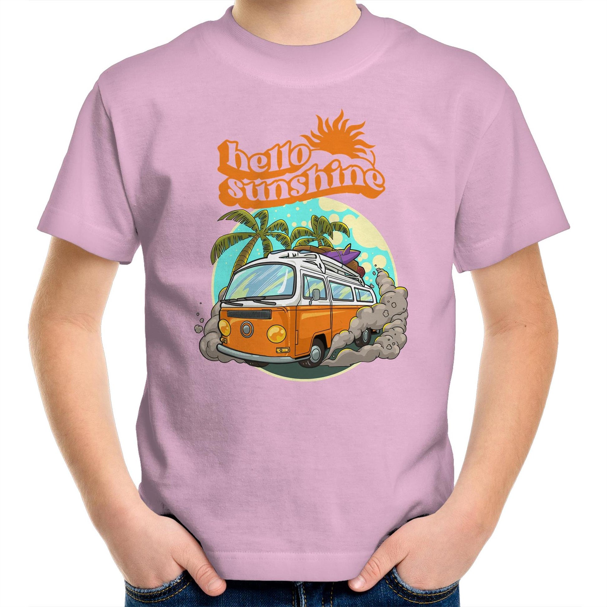 Hello Sunshine, Beach Van - Kids Youth T-Shirt Pink Kids Youth T-shirt Summer Surf