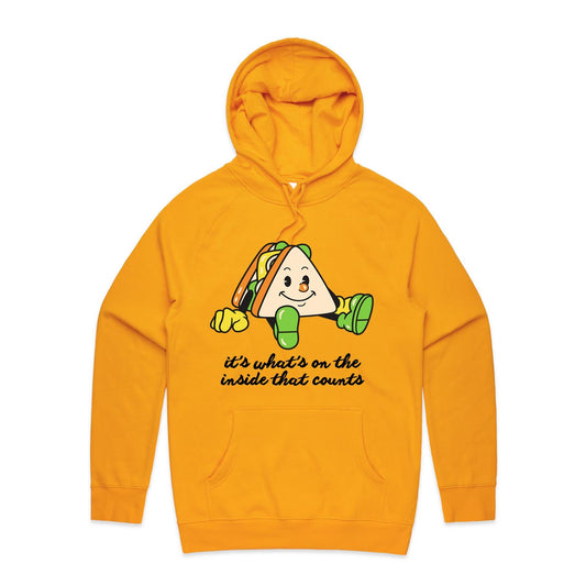 Sandwich, It's What's On The Inside That Counts - Supply Hood Gold Mens Supply Hoodie Food Motivation