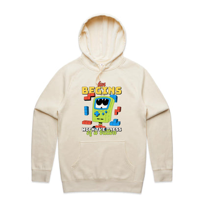 Fun Begins With The Press Of A Button - Supply Hood Ecru Mens Supply Hoodie Games