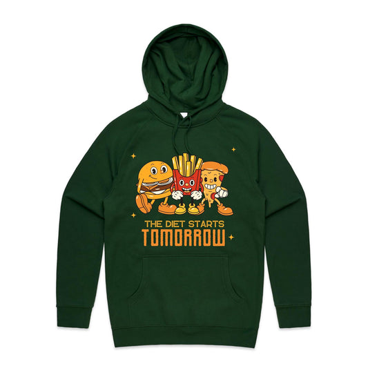 The Diet Starts Tomorrow, Hamburger, Pizza, Fries - Supply Hood Forest Green Mens Supply Hoodie Food Funny Retro