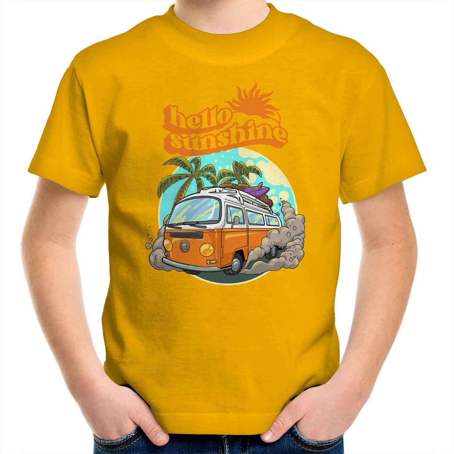 Hello Sunshine, Beach Van - Kids Youth T-Shirt Gold Kids Youth T-shirt Summer Surf