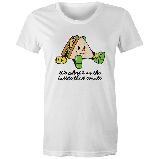 Sandwich, It's What's On The Inside That Counts - Womens T-shirt White Womens T-shirt Food Motivation Retro