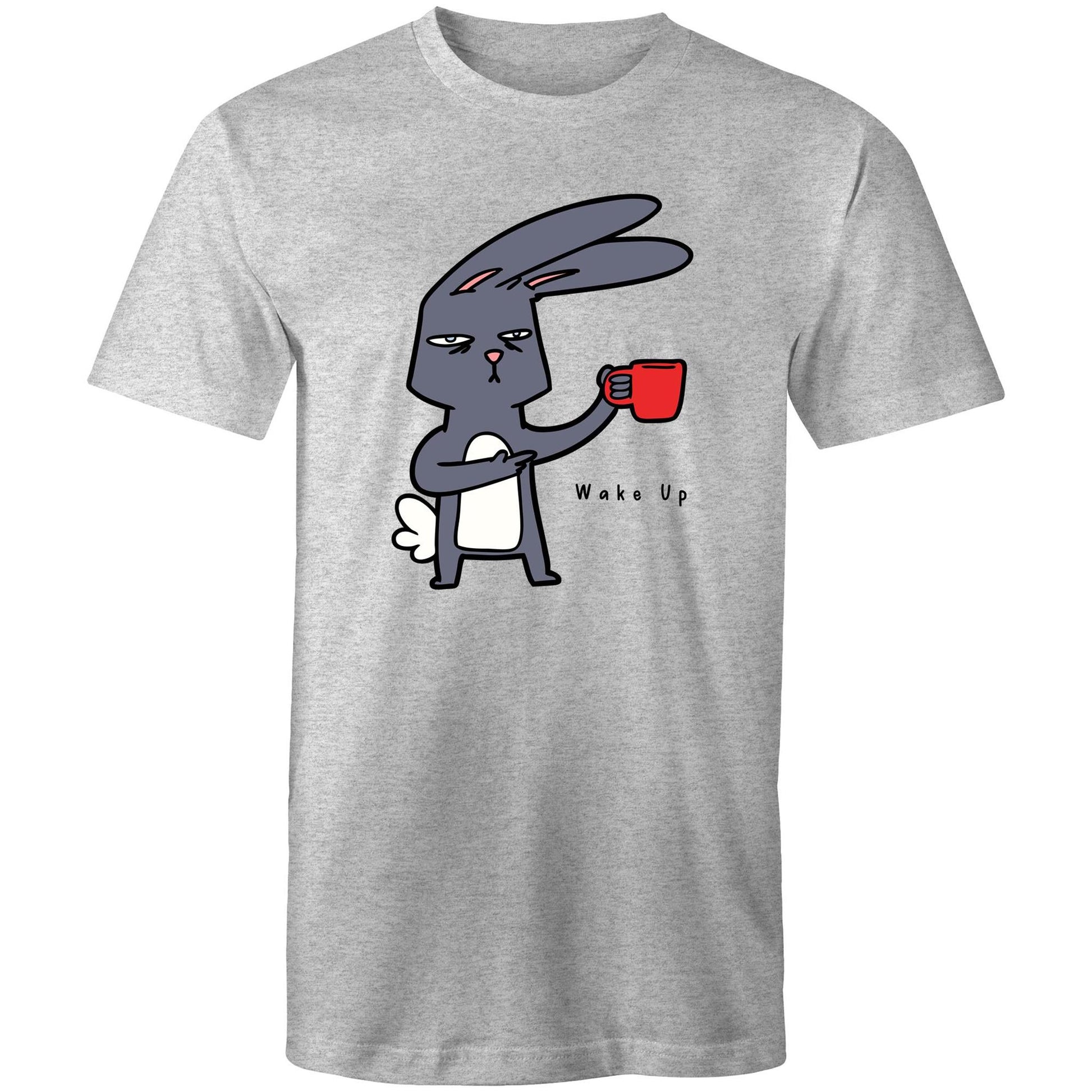 Wake Up, Coffee Rabbit - Mens T-Shirt Grey Marle Mens T-shirt animal Coffee