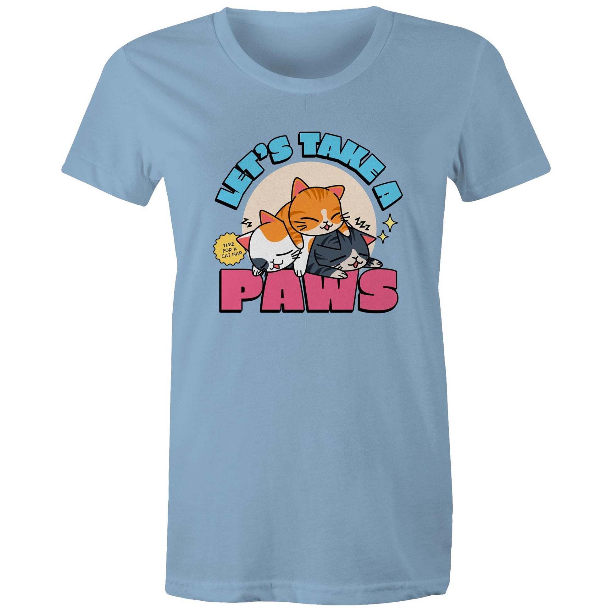 Let's Take A Paws, Time For A Cat Nap - Womens T-shirt Carolina Blue Womens T-shirt animal