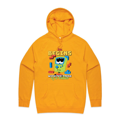 Fun Begins With The Press Of A Button - Supply Hood Gold Mens Supply Hoodie Games