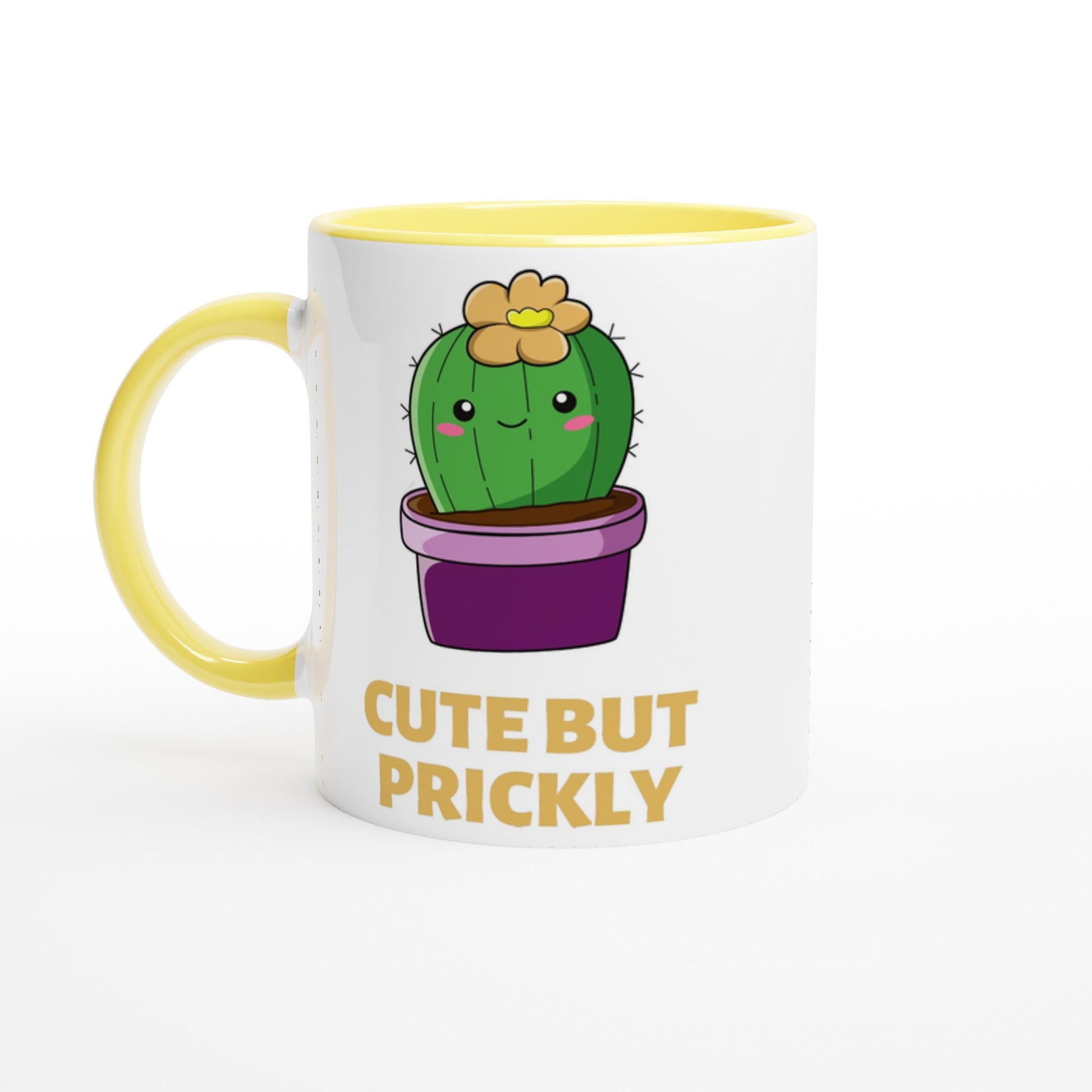 Cactus, Cute But Prickly - White 11oz Ceramic Mug with Colour Inside Ceramic Yellow Colour 11oz Mug Plants