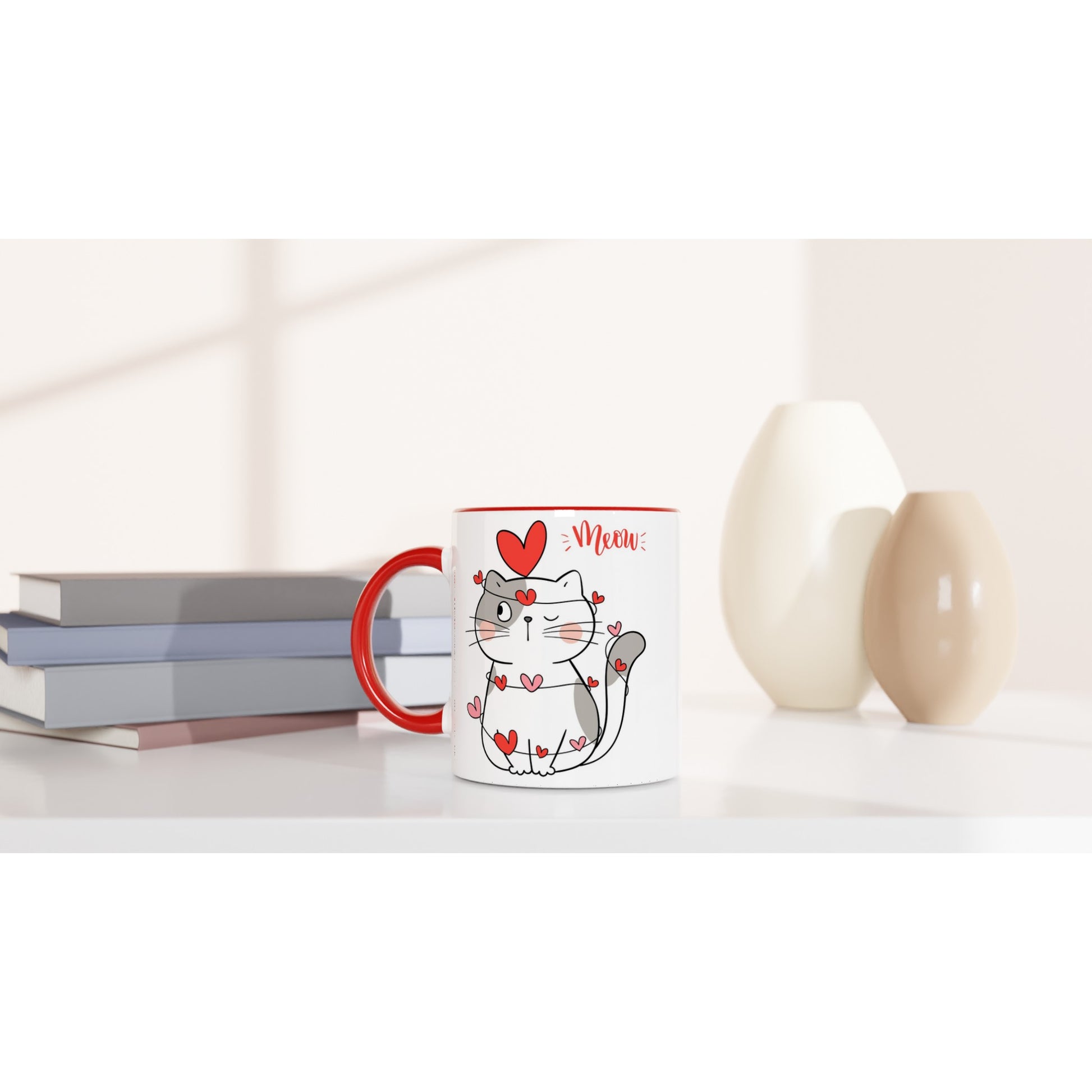 Cat Heart Meow - White 11oz Ceramic Mug with Color Inside Colour 11oz Mug animal Love