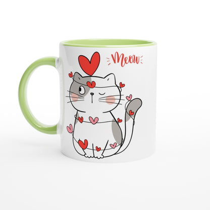 Cat Heart Meow - White 11oz Ceramic Mug with Color Inside Ceramic Green Colour 11oz Mug animal Love