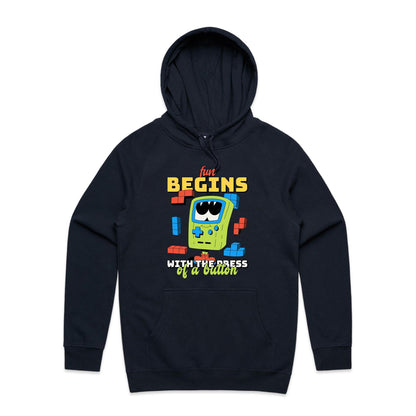 Fun Begins With The Press Of A Button - Supply Hood Navy Mens Supply Hoodie Games