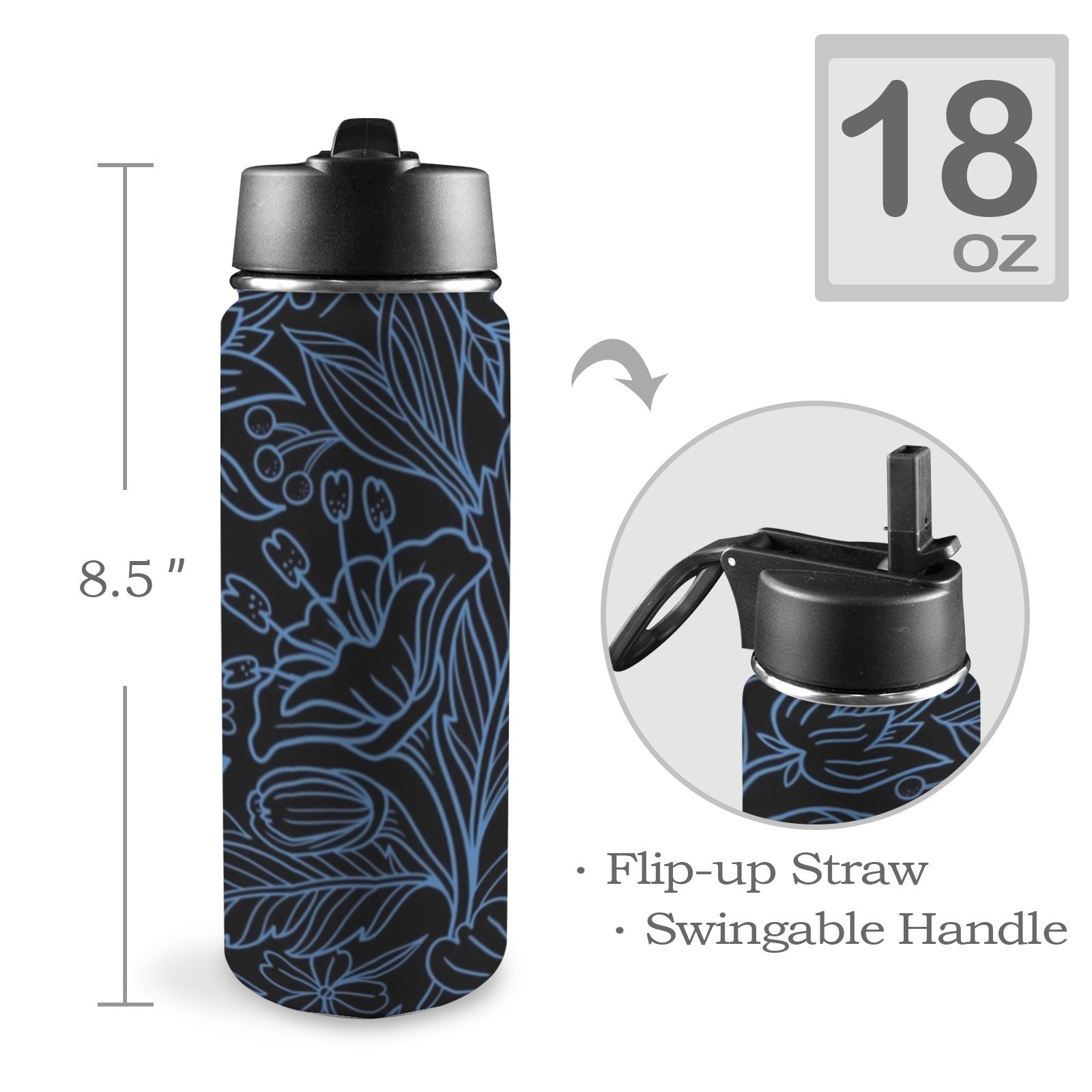 Blue Floral - Insulated Water Bottle with Straw Lid (18oz) Insulated Water Bottle with Swing Handle