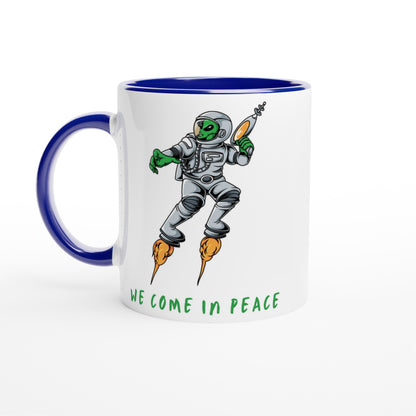 Alien, We Come In Peace - White 11oz Ceramic Mug with Colour Inside Ceramic Blue Colour 11oz Mug funny Sci Fi