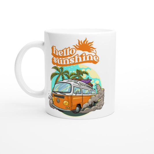 Hello Sunshine, Beach Van - White 11oz Ceramic Mug Default Title White 11oz Mug Retro Summer Surf