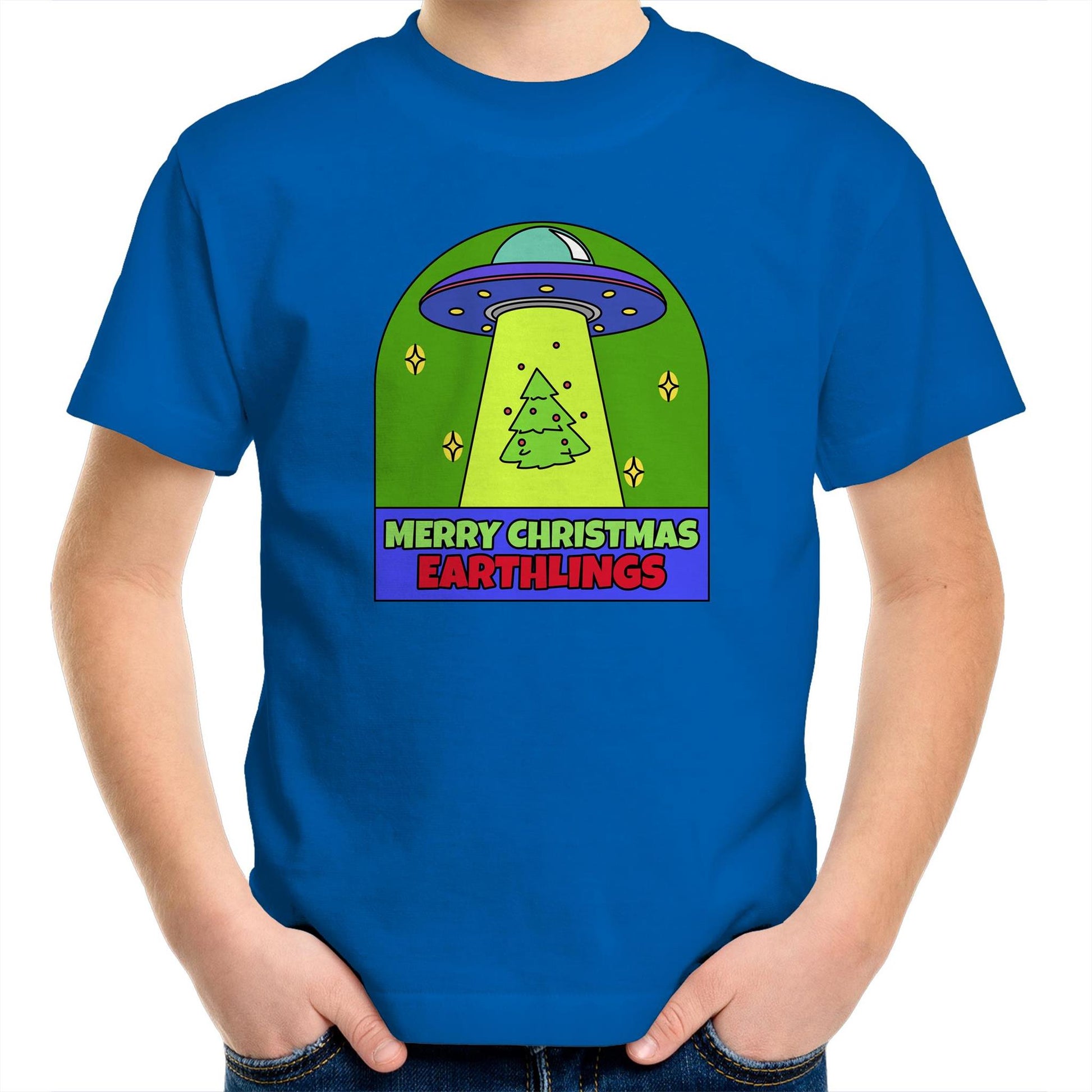 Merry Christmas Earthlings, UFO - Kids Youth T-Shirt Bright Royal Christmas Kids T-shirt Merry Christmas