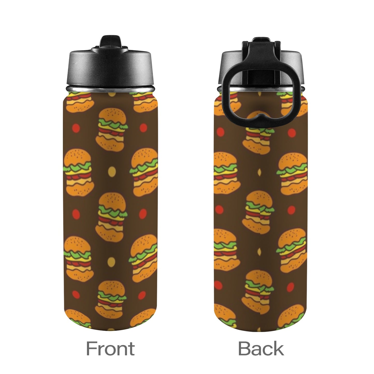 Burgers - Insulated Water Bottle with Straw Lid (18oz) Insulated Water Bottle with Swing Handle