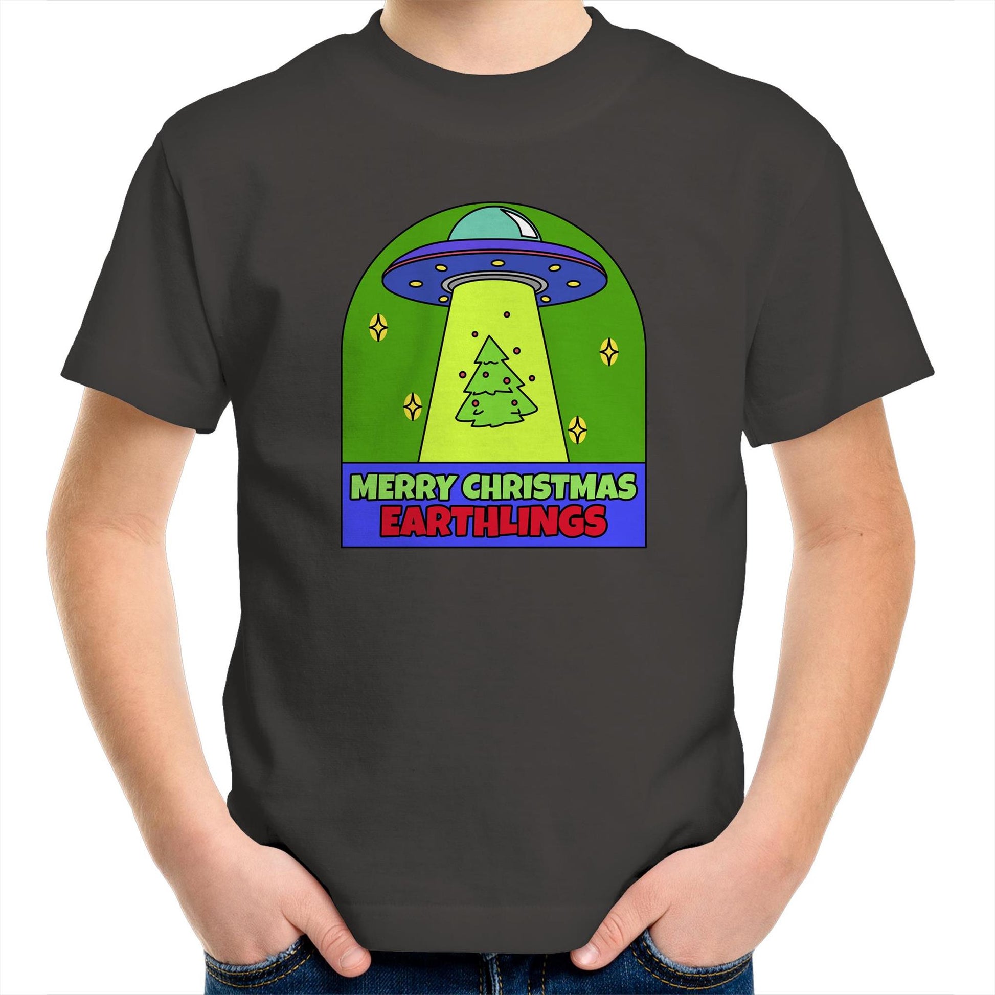 Merry Christmas Earthlings, UFO - Kids Youth T-Shirt Charcoal Christmas Kids T-shirt Merry Christmas