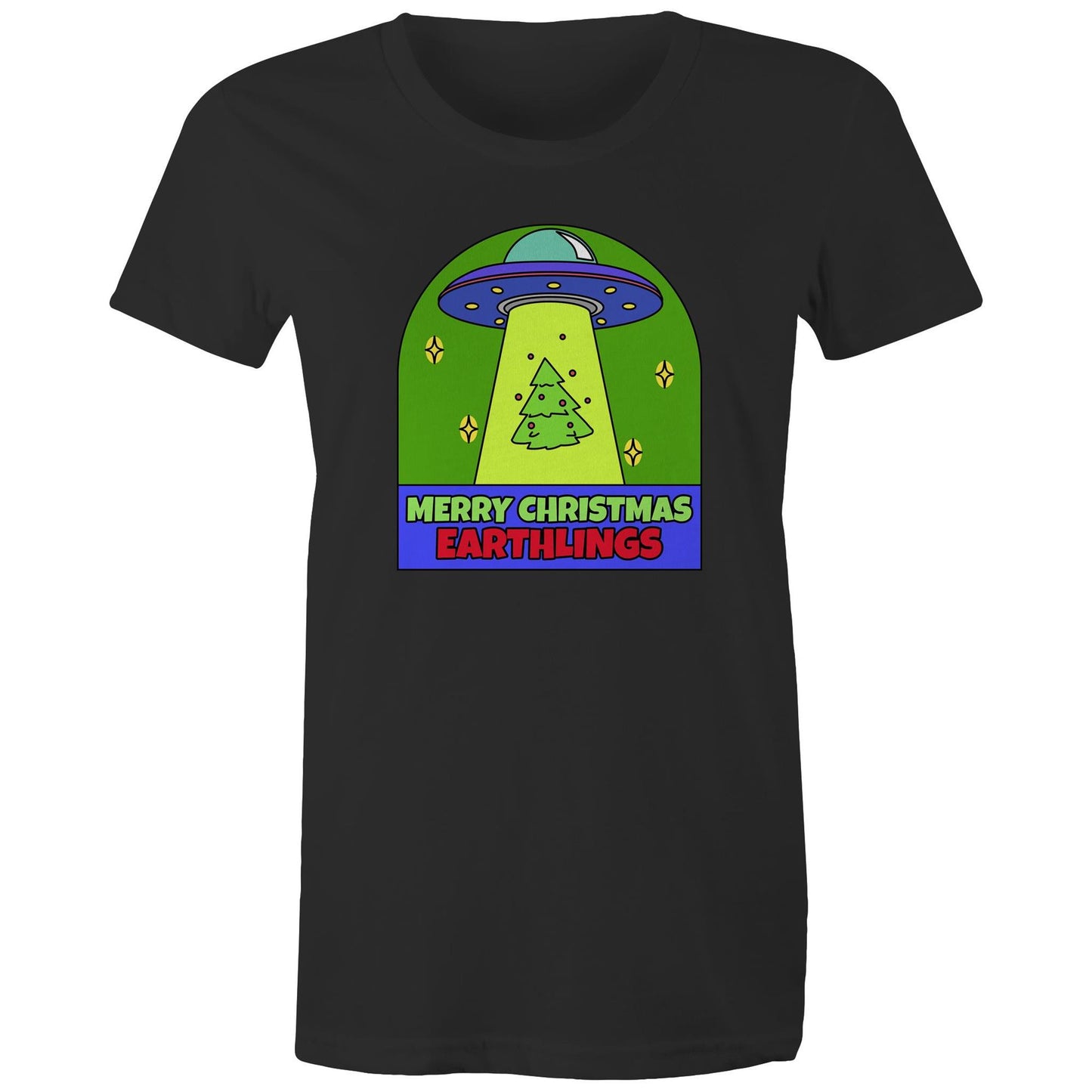 Merry Christmas Earthlings, UFO - Womens T-shirt Black Christmas Womens T-shirt Merry Christmas