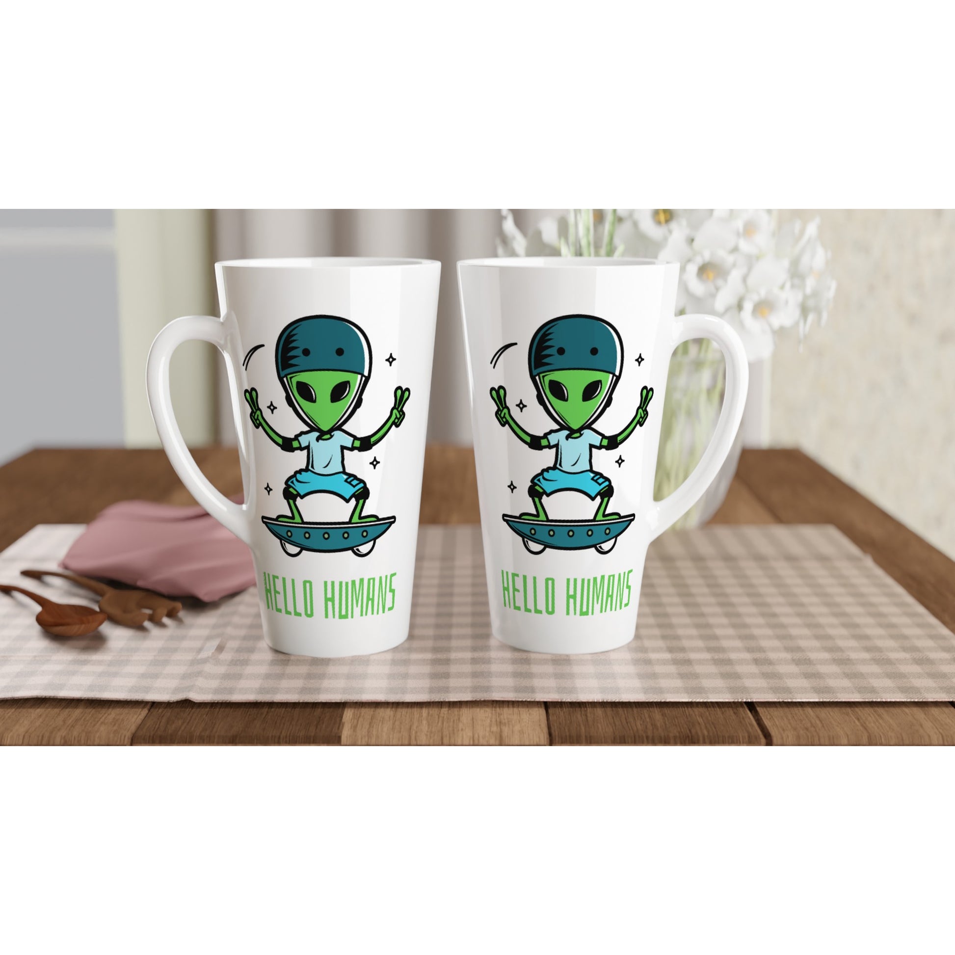 Hello Humans, Alien Skateboard - White Latte 17oz Ceramic Mug Latte Mug Sci Fi