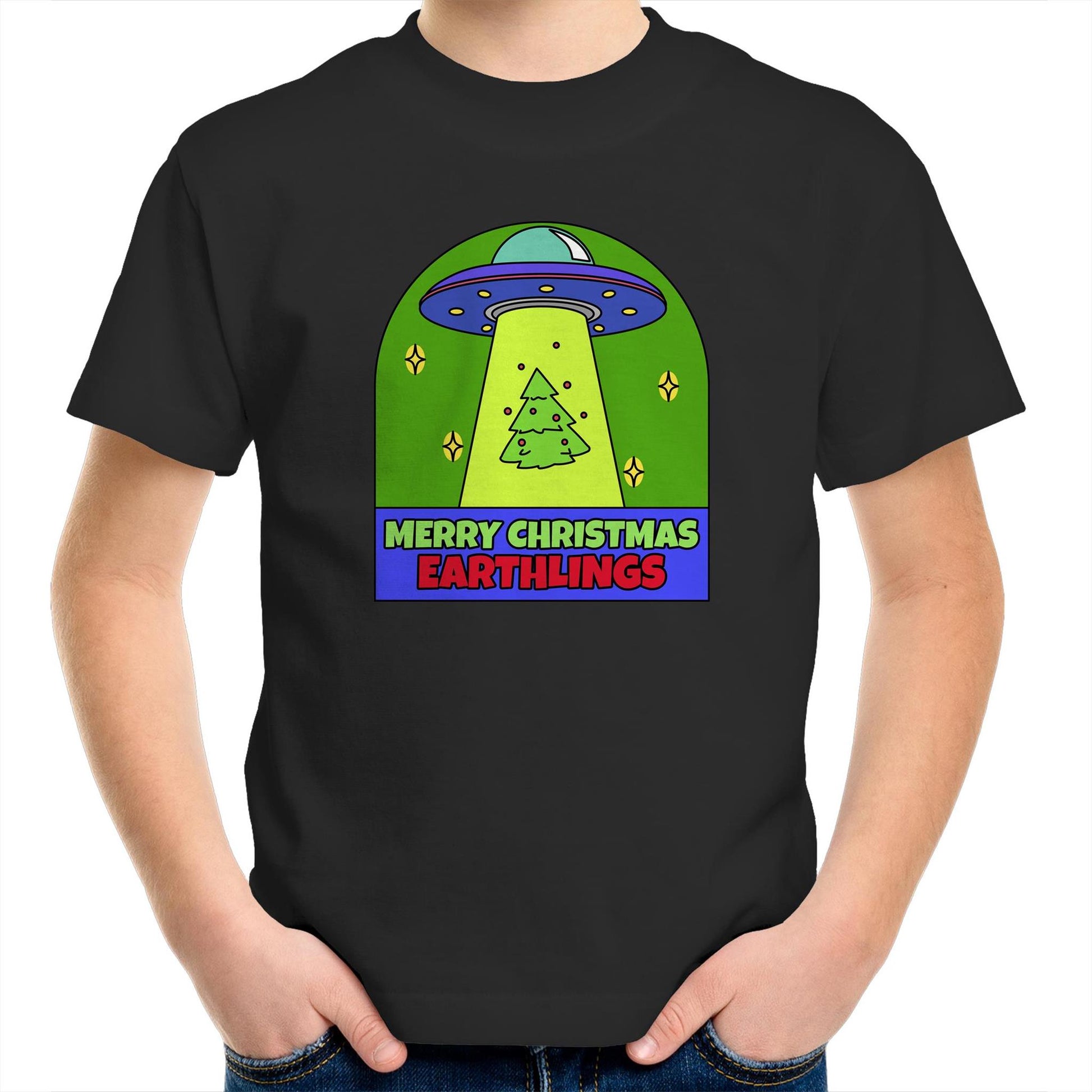Merry Christmas Earthlings, UFO - Kids Youth T-Shirt Black Christmas Kids T-shirt Merry Christmas