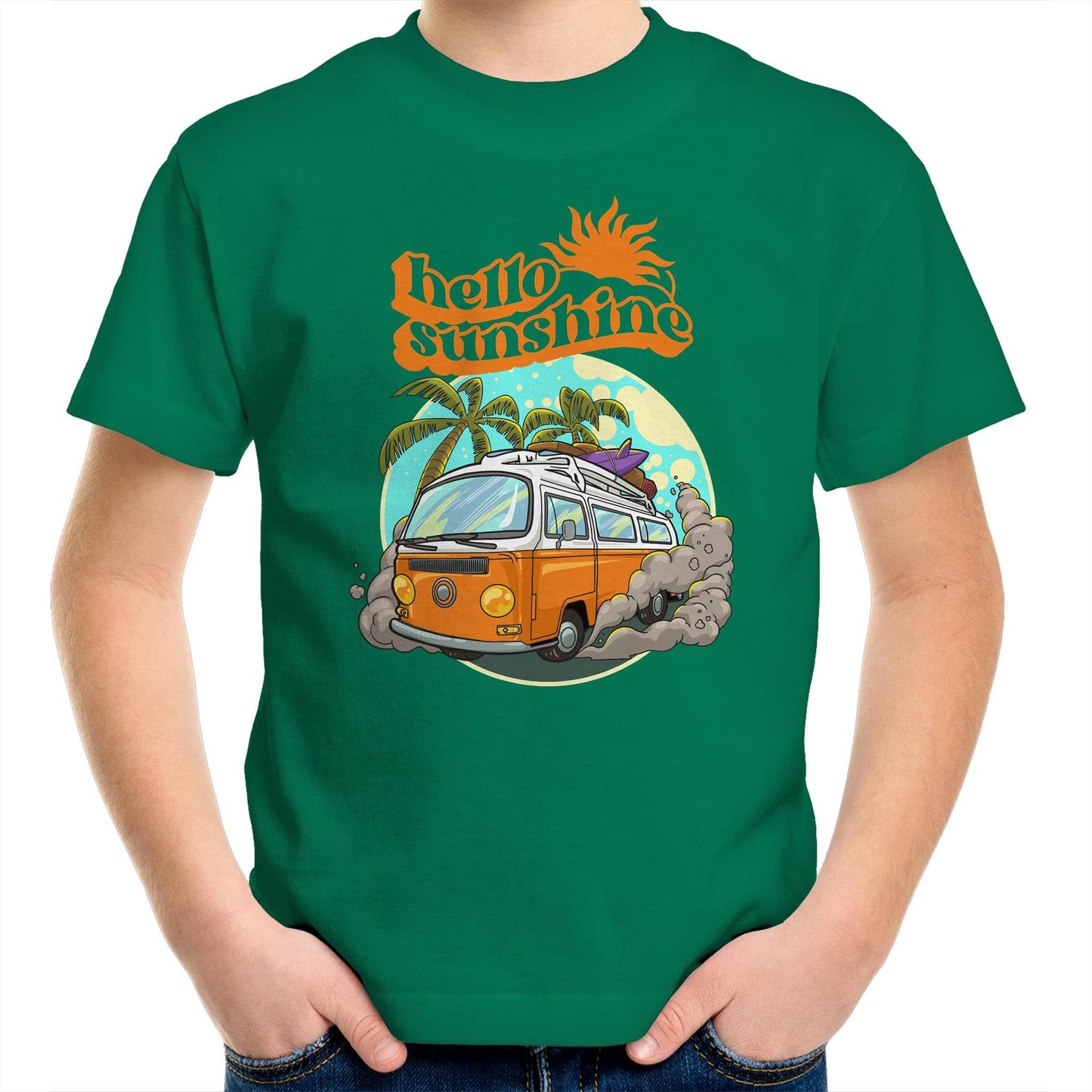 Hello Sunshine, Beach Van - Kids Youth T-Shirt Kelly Green Kids Youth T-shirt Summer Surf
