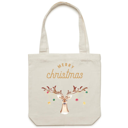 Merry Christmas Reindeer - Canvas Tote Bag Cream One Size Christmas Tote Bag Merry Christmas
