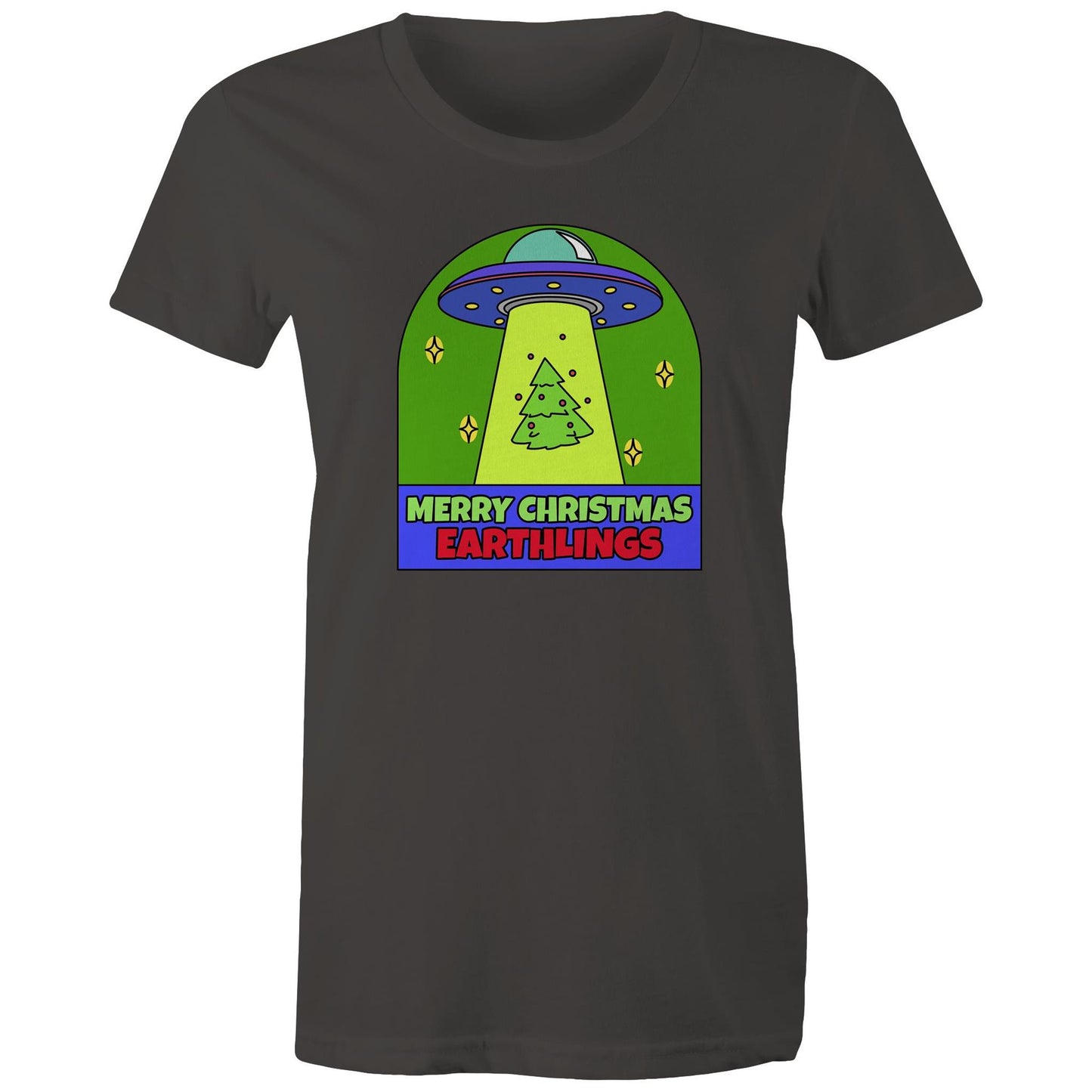 Merry Christmas Earthlings, UFO - Womens T-shirt Charcoal Christmas Womens T-shirt Merry Christmas