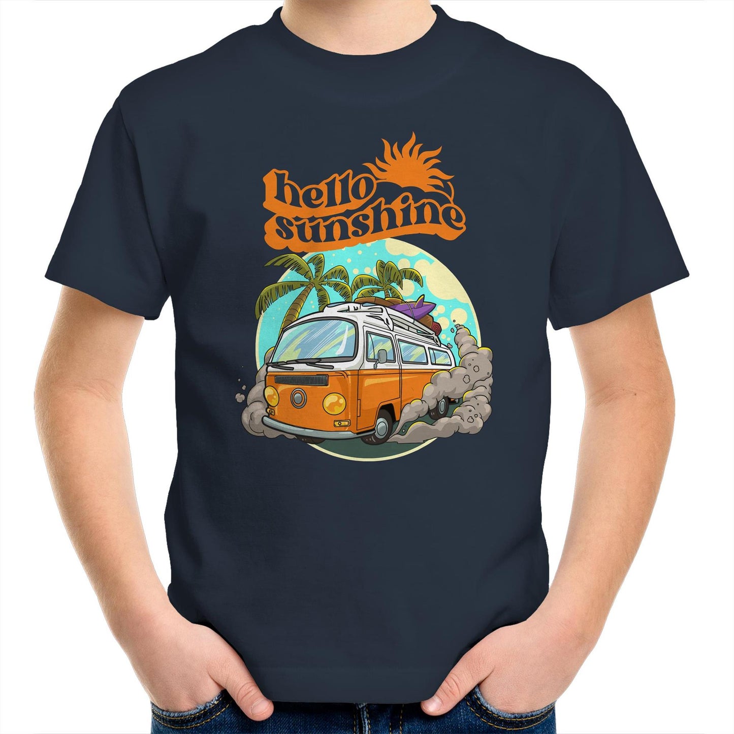 Hello Sunshine, Beach Van - Kids Youth T-Shirt Navy Kids Youth T-shirt Summer Surf