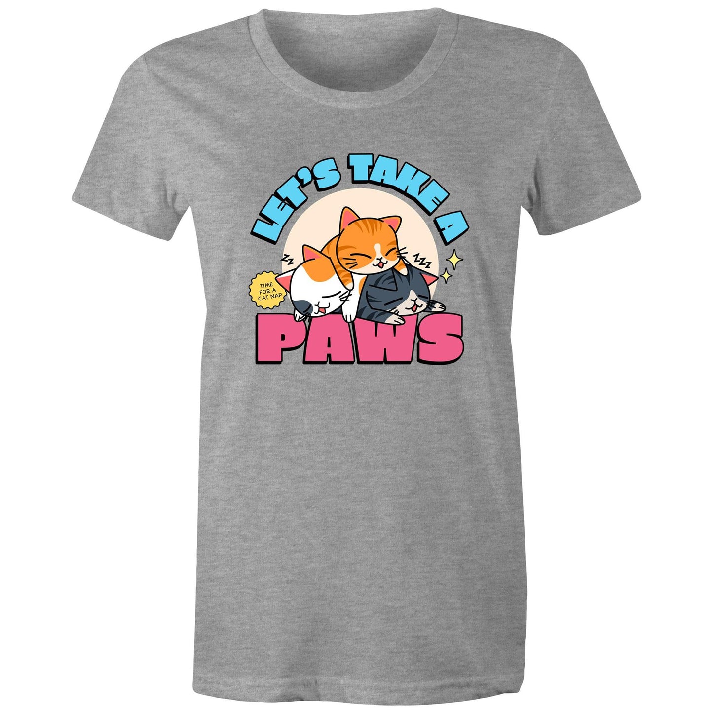 Let's Take A Paws, Time For A Cat Nap - Womens T-shirt Grey Marle Womens T-shirt animal