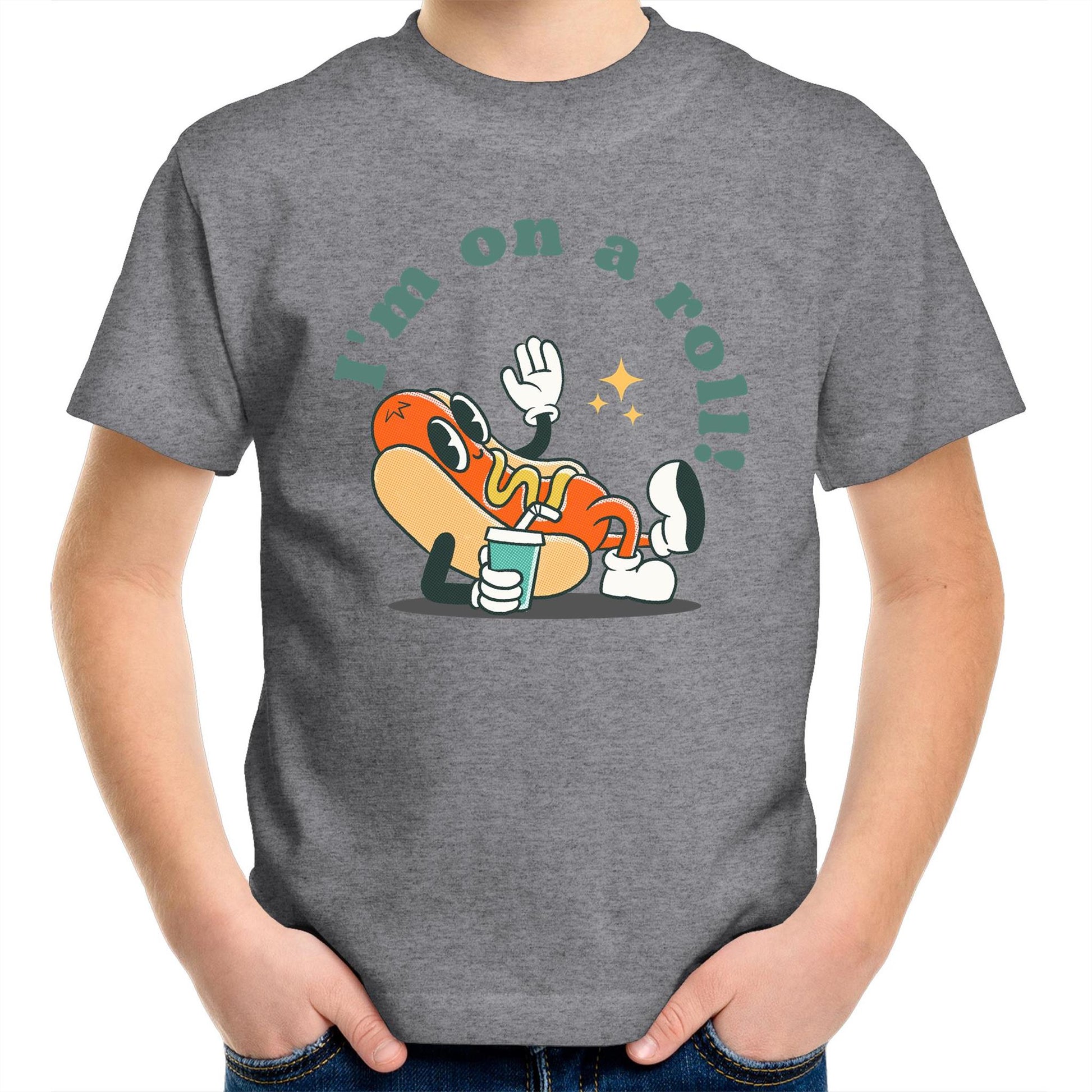 Hot Dog, I'm On A Roll - Kids Youth T-Shirt Grey Marle Kids Youth T-shirt Food