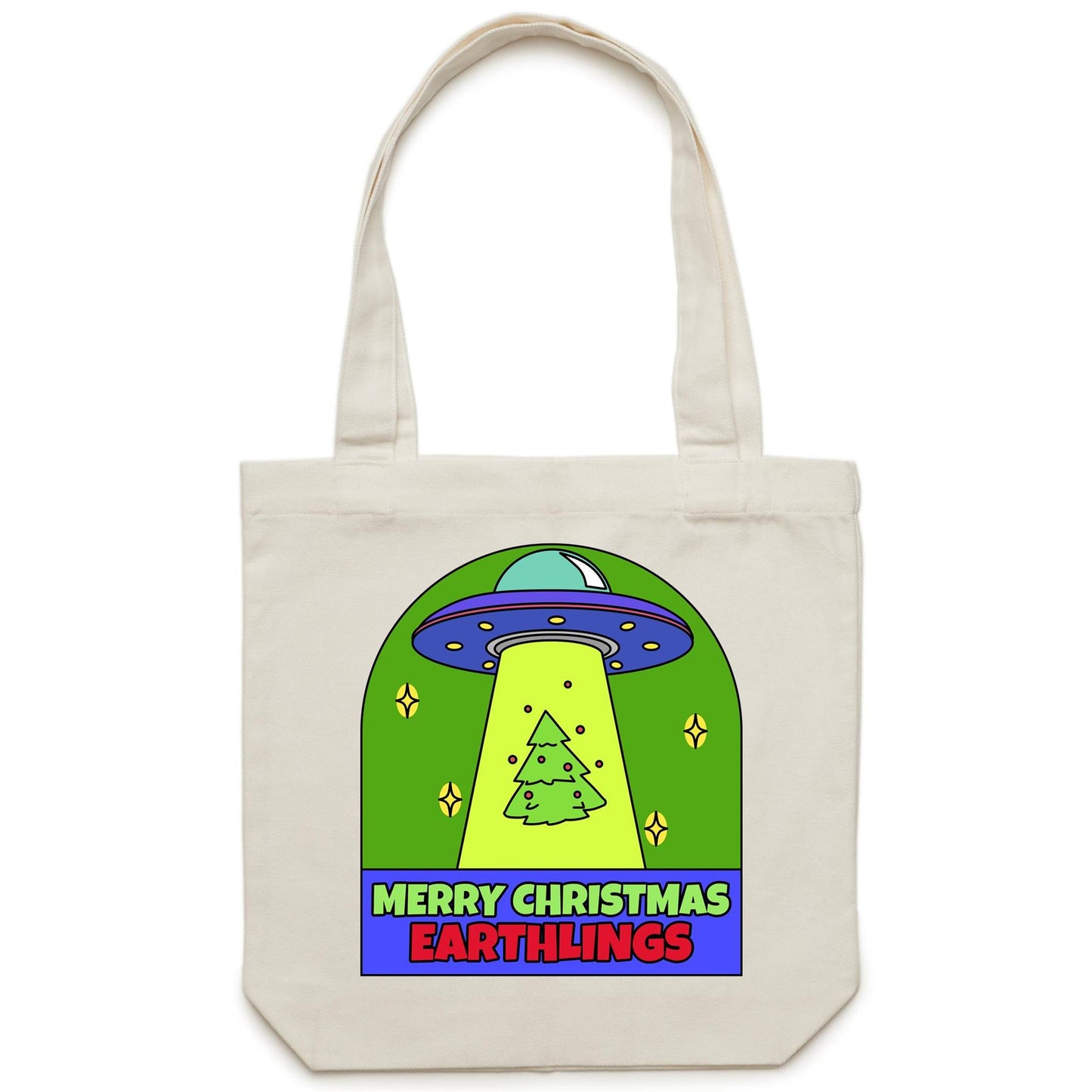 Merry Christmas Earthlings, UFO - Canvas Tote Bag Cream One Size Christmas Tote Bag Merry Christmas