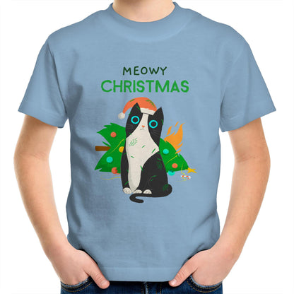 Meowy Christmas - Kids Youth Crew T-Shirt Carolina Blue Christmas Kids T-shirt Merry Christmas