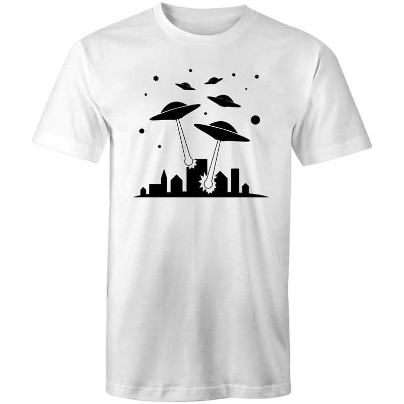 Space Invasion - Mens T-Shirt White Mens T-shirt comic Funny Mens Retro Sci Fi Space