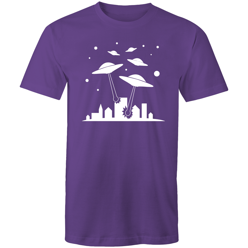 Space Invasion - Mens T-Shirt Purple Mens T-shirt comic Funny Mens Retro Sci Fi Space