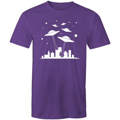 Space Invasion - Mens T-Shirt Purple Mens T-shirt comic Funny Mens Retro Sci Fi Space