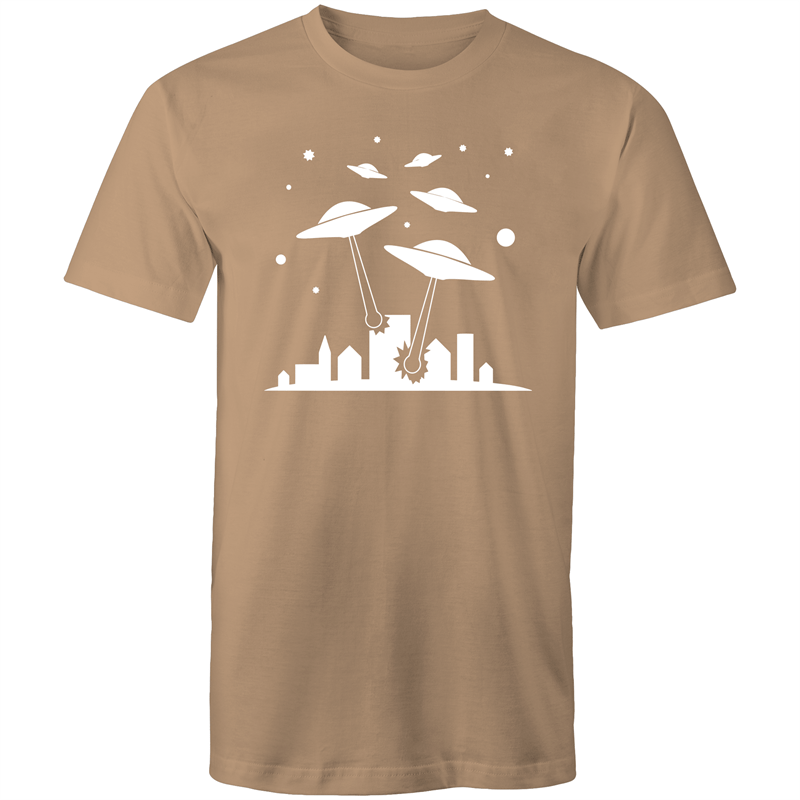 Space Invasion - Mens T-Shirt Tan Mens T-shirt comic Funny Mens Retro Sci Fi Space