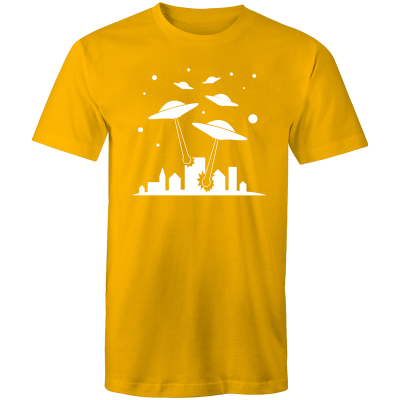 Space Invasion - Mens T-Shirt Gold Mens T-shirt comic Funny Mens Retro Sci Fi Space