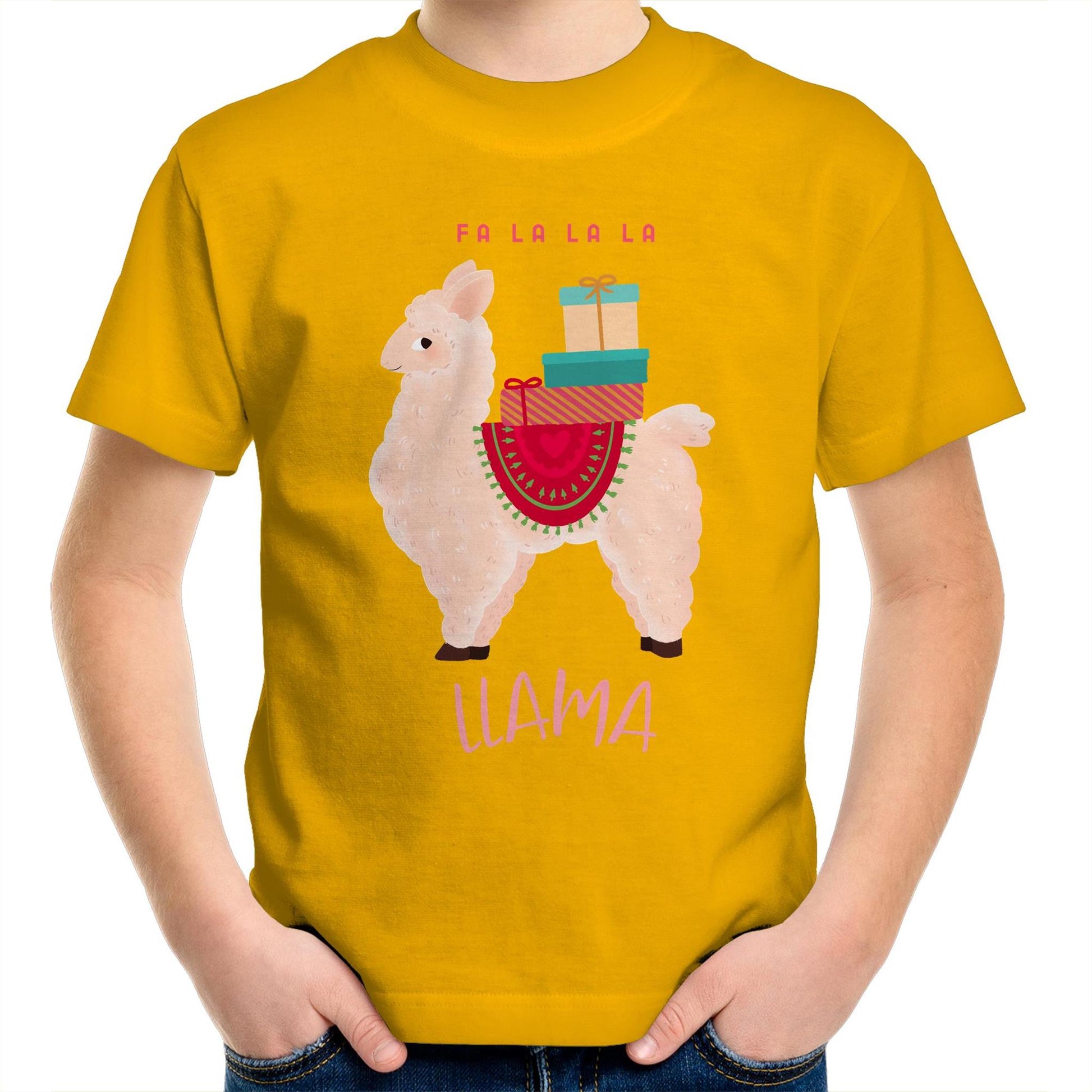 Llama Christmas - Kids Youth Crew T-Shirt Gold Christmas Kids T-shirt Merry Christmas