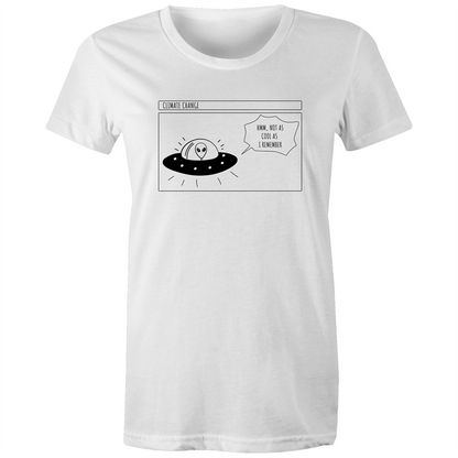 Alien Climate Change - Women's T-shirt White Womens T-shirt comic Environment Funny Retro Sci Fi Womens