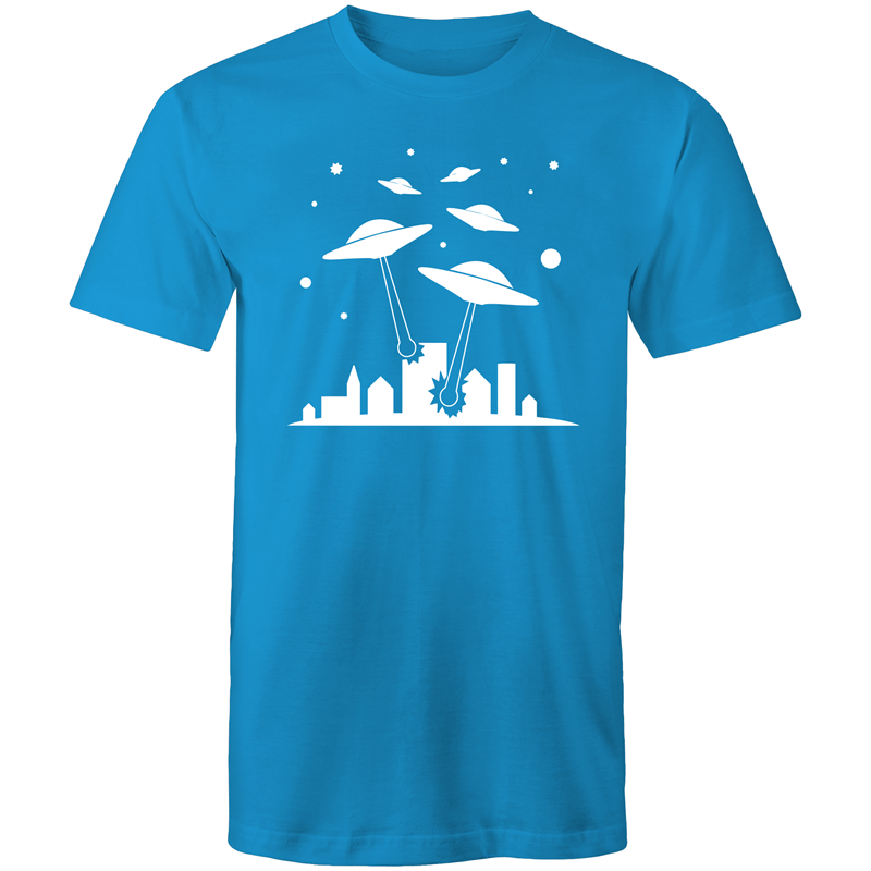 Space Invasion - Mens T-Shirt Arctic Blue Mens T-shirt comic Funny Mens Retro Sci Fi Space