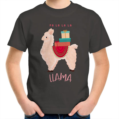 Llama Christmas - Kids Youth Crew T-Shirt Charcoal Christmas Kids T-shirt Merry Christmas