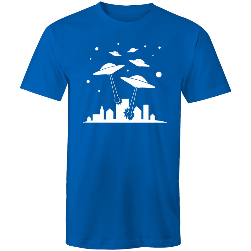 Space Invasion - Mens T-Shirt Bright Royal Mens T-shirt comic Funny Mens Retro Sci Fi Space