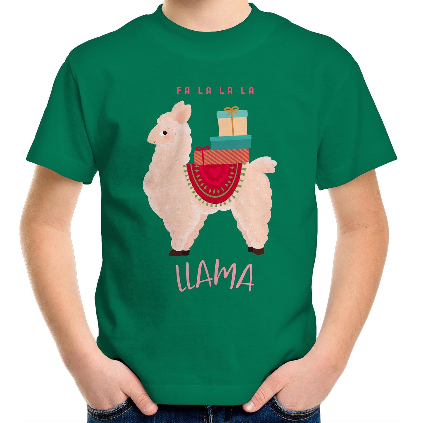 Llama Christmas - Kids Youth Crew T-Shirt Kelly Green Christmas Kids T-shirt Merry Christmas