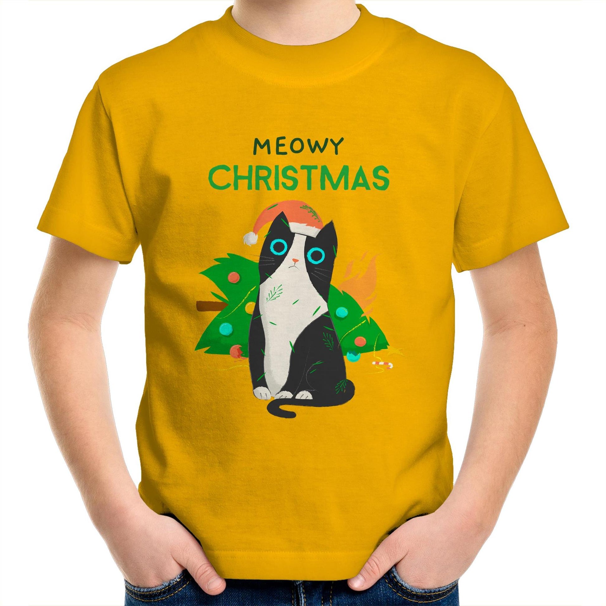 Meowy Christmas - Kids Youth Crew T-Shirt Gold Christmas Kids T-shirt Merry Christmas