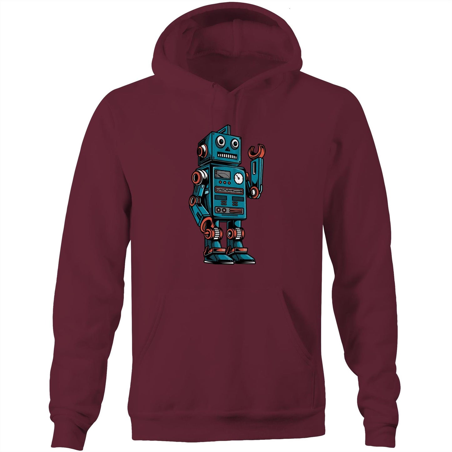 Robot - Pocket Hoodie Sweatshirt Burgundy Hoodie Sci Fi