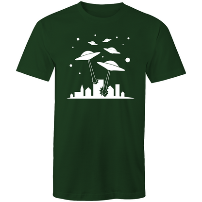 Space Invasion - Mens T-Shirt Forest Green Mens T-shirt comic Funny Mens Retro Sci Fi Space