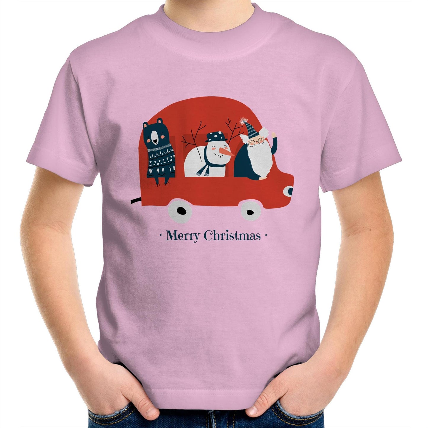 Santa Car - Kids Youth Crew T-Shirt Pink Christmas Kids T-shirt Merry Christmas
